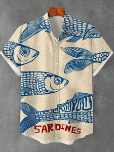 Men's Vintage Sardines Ukiyo-e Art Print Linen Blend Shirt