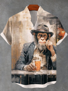 Men's Vintage Monkey Gentleman Wine Oil Painting Print Linen Blend Shirt