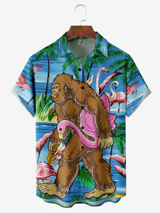 Flamingo Chest Pocket Short Sleeve Hawaiian Shirt