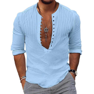 Men's Casual Solid Color Pleated Button Round Neck Long Sleeve Shirt 64515779Y