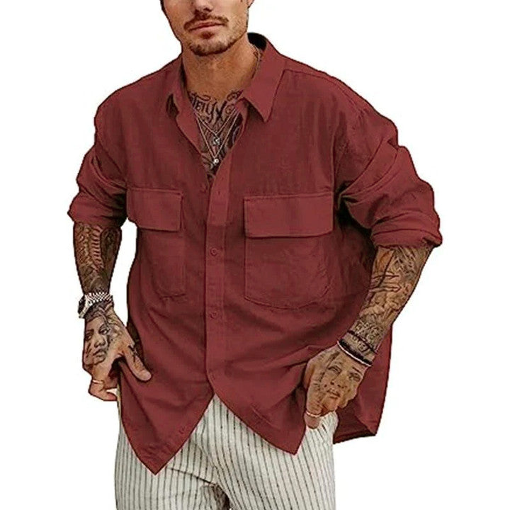 Men's Solid Color Cotton Linen Front Pocket Button Lapel Shirt 60359022X