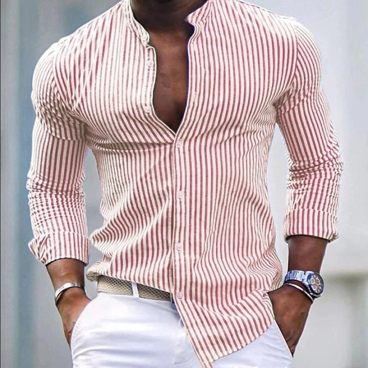 Men's Stripe Print Casual Fashion Stand Collar Shirt 14381228X