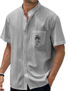 Hawaiian Stand Collar Pocket Palm Coconut Tree Casual Short Sleeve Shirt