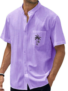 Hawaiian Stand Collar Pocket Palm Coconut Tree Casual Short Sleeve Shirt