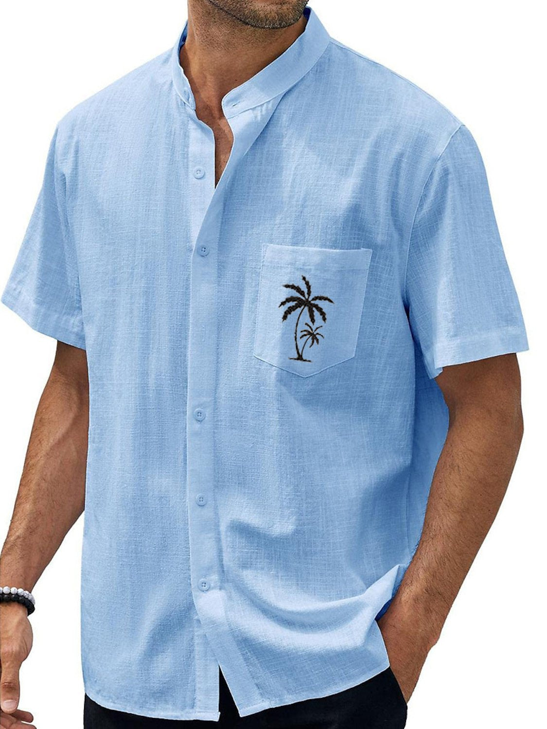 Hawaiian Stand Collar Pocket Palm Coconut Tree Casual Short Sleeve Shirt