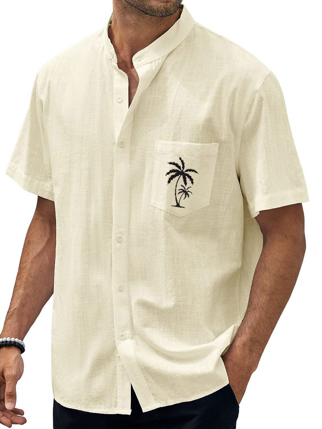 Hawaiian Stand Collar Pocket Palm Coconut Tree Casual Short Sleeve Shirt