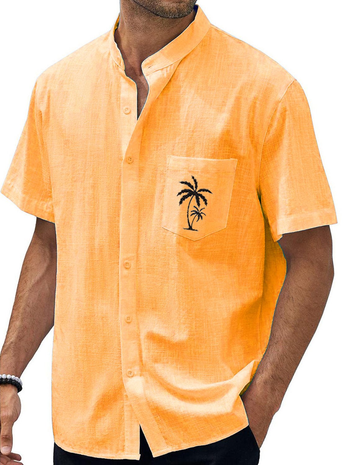 Hawaiian Stand Collar Pocket Palm Coconut Tree Casual Short Sleeve Shirt