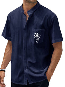 Hawaiian Stand Collar Pocket Palm Coconut Tree Casual Short Sleeve Shirt