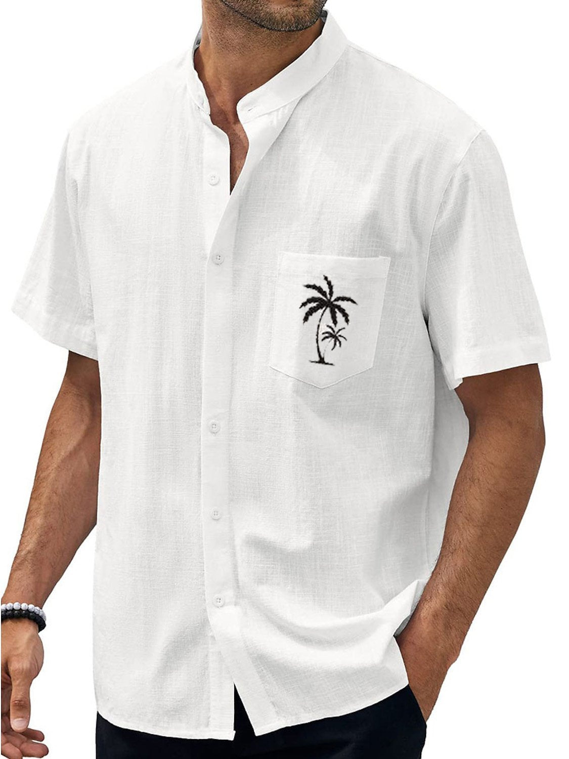 Hawaiian Stand Collar Pocket Palm Coconut Tree Casual Short Sleeve Shirt