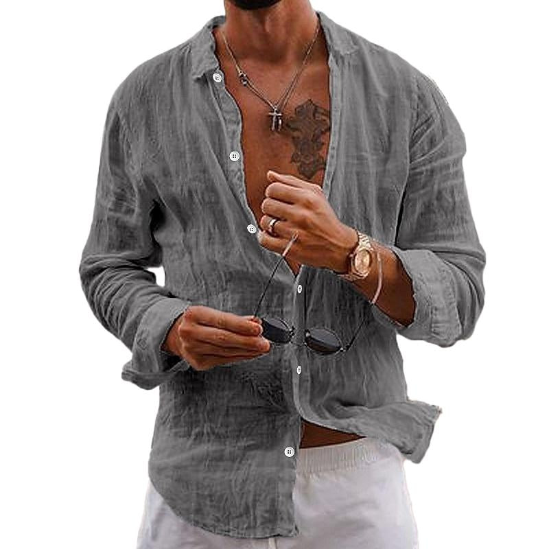 Men's Casual Solid Color Lapel Cotton Linen Long-Sleeved Shirt 76098441M