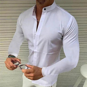 Men's Stand Collar Solid Color Long Sleeve Shirt 66471740X