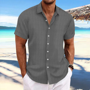 Men's Cotton Linen Stripe Print Loose Short Sleeve Lapel Shirt 89995369X