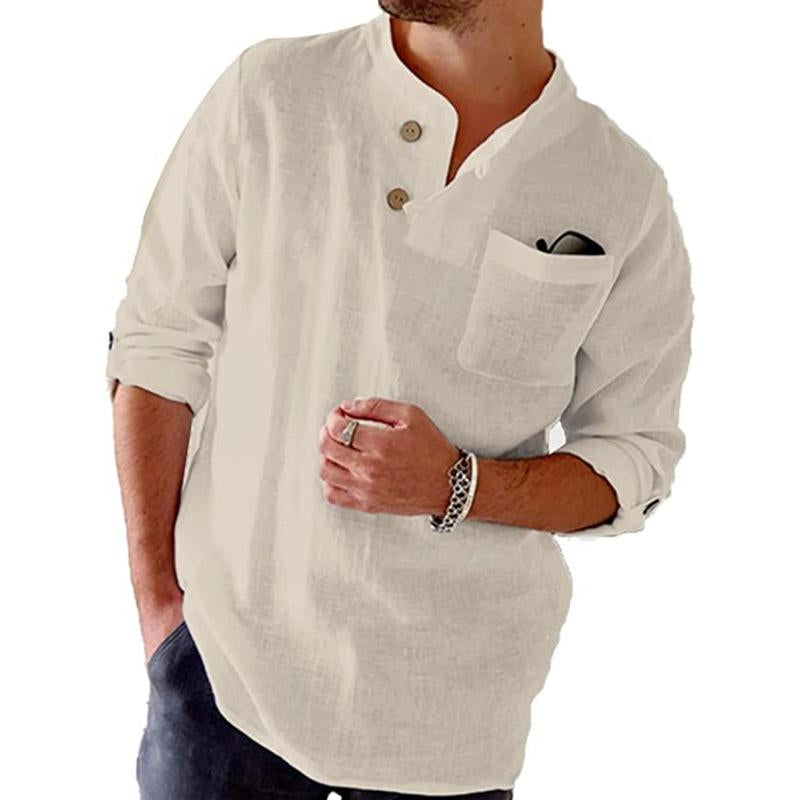 Men's Cotton Linen Loose Casual Solid Color Roll-Up Sleeve Long-sleeved Shirt 77171009X