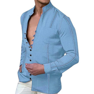 Men's Casual Solid Color Linen Stand-Up Collar Buttoned Long-Sleeved Shirt 15650253M