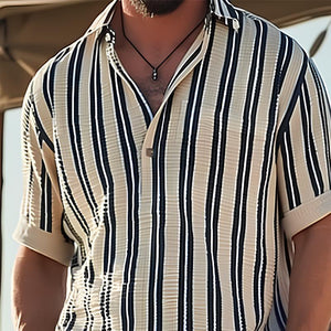 Men's Striped Lapel V-Neck Short Sleeve Shirt 27407407Y