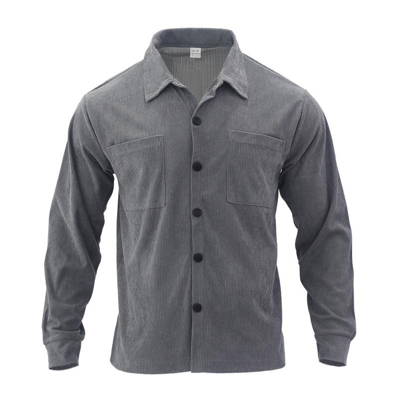 Men's Solid Loose Corduroy Lapel Multi-pocket Long Sleeve Shirt 47587642Z