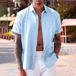 Men's Solid Color Lapel Cotton Linen Short Sleeve Shirt 82339241X