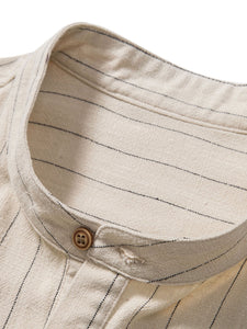 Linen Blend Striped Half Open Placket Henley Collar Shirt