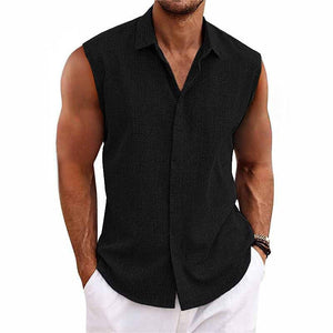 Men's Solid Color Lapel Cotton and Linen Sleeveless Shirt 33989351TO