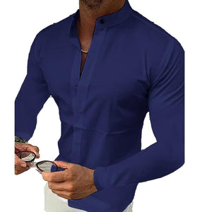 Men's Stand Collar Solid Color Long Sleeve Shirt 66471740X