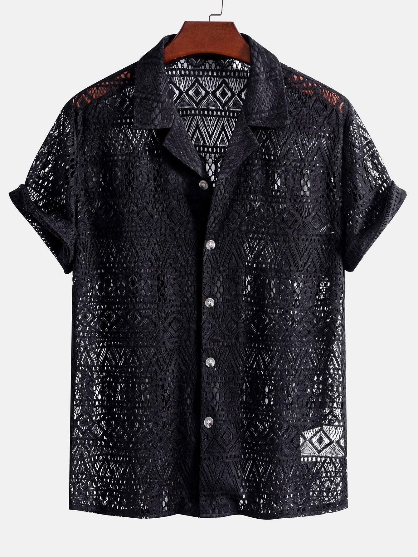 Short Sleeve Geometry Textured Cuban Shirt