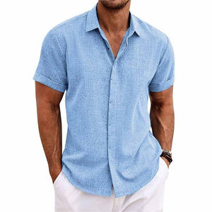 Men's Solid Color Lapel Cotton Linen Short Sleeve Shirt 82339241X