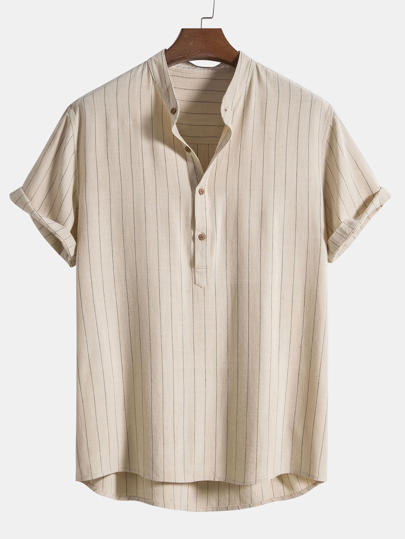 Linen Blend Striped Half Open Placket Henley Collar Shirt