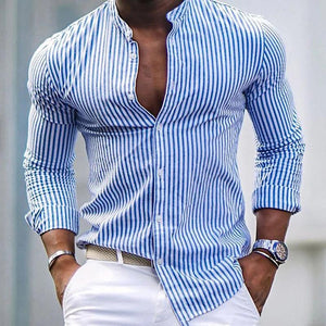 Men's Stripe Print Casual Fashion Stand Collar Shirt 14381228X