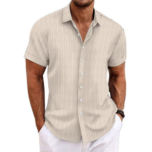 Men's Cotton Linen Stripe Print Loose Short Sleeve Lapel Shirt 89995369X