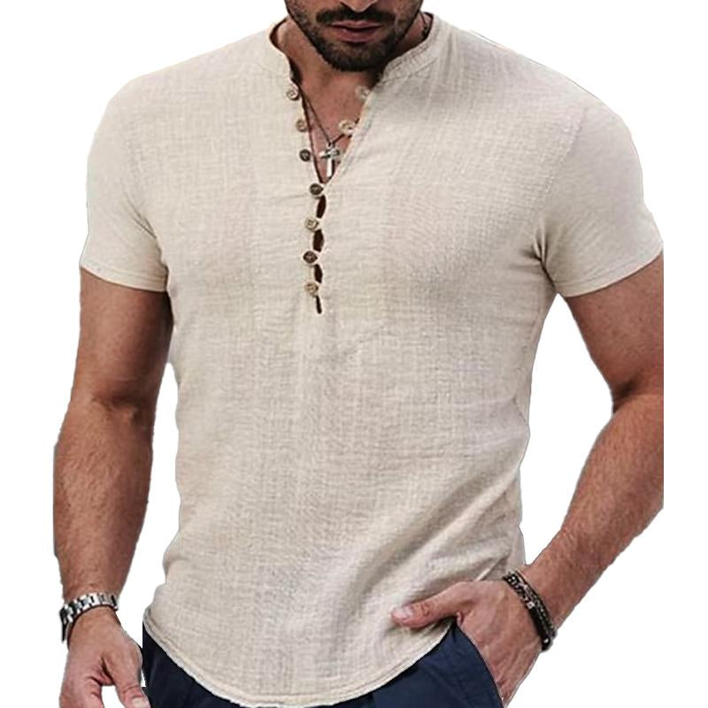 Men's Solid Color Stand Collar Button Down Half Cardigan Short Sleeve Shirt 83311488X