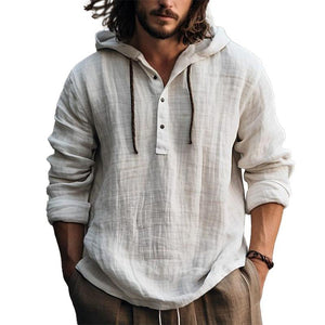 Men's Casual Solid Color Cotton Linen Hooded Long Sleeve Pullover Shirt 13517489M