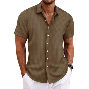 Men's Cotton Linen Stripe Print Loose Short Sleeve Lapel Shirt 89995369X