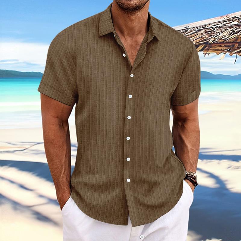 Men's Cotton Linen Stripe Print Loose Short Sleeve Lapel Shirt 89995369X