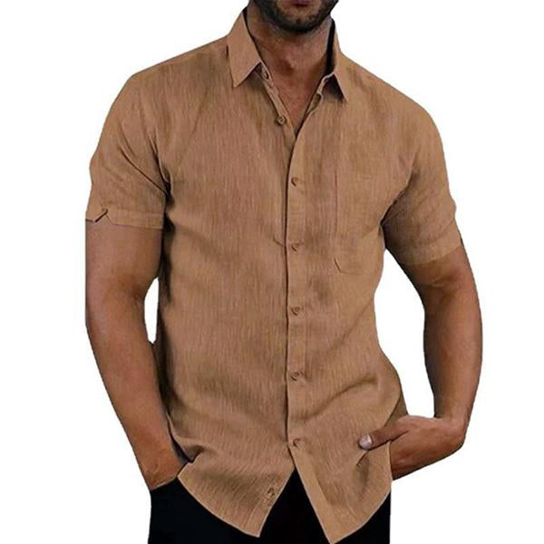 Men's Lapel Solid Color Short Sleeve Button Linen Shirt 76966962M