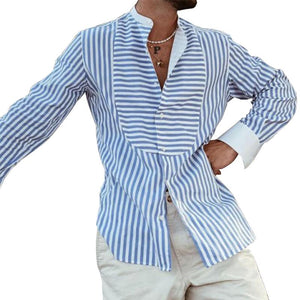 Men's Loose Striped Irregular Stitching Long Sleeve Shirt 50854849M