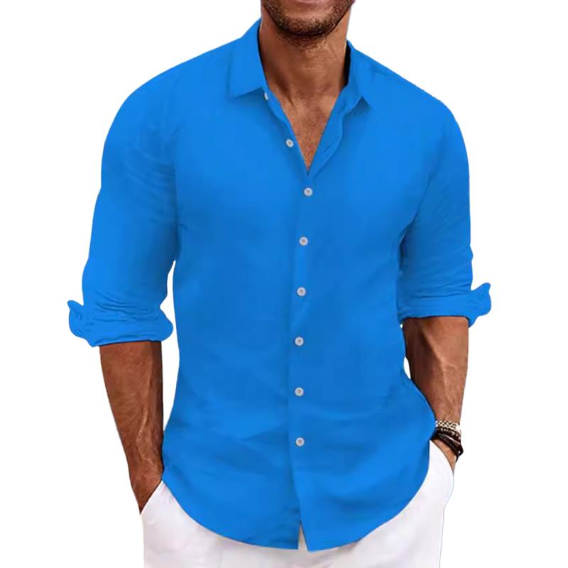 Men's Casual Cotton Linen Blend Lapel Long-Sleeved Shirt 45739465M