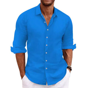 Men's Casual Cotton Linen Blend Lapel Long-Sleeved Shirt 45739465M