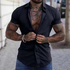 Men's Solid Lapel Short Sleeve Sports Fitness Shirt 23811118Z