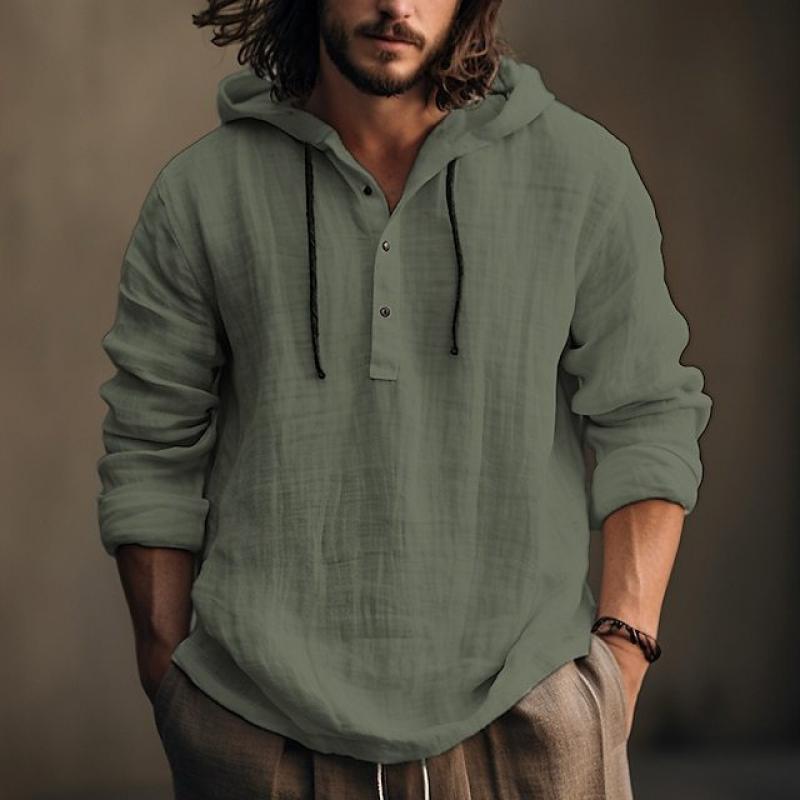 Men's Casual Solid Color Cotton Linen Hooded Long Sleeve Pullover Shirt 13517489M