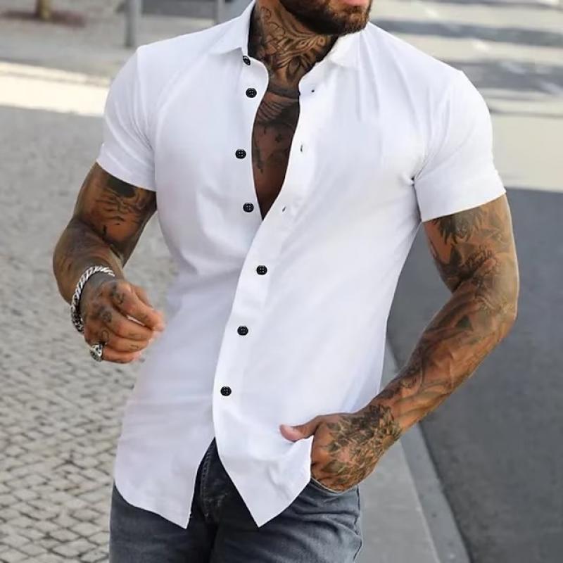 Men's Solid Lapel Short Sleeve Sports Fitness Shirt 23811118Z