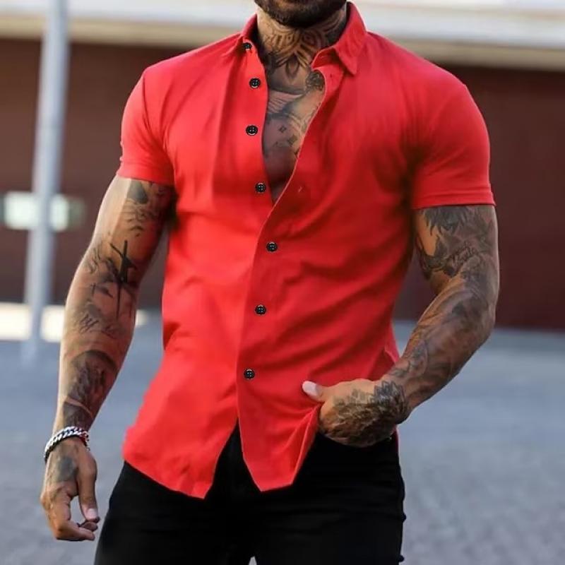 Men's Solid Lapel Short Sleeve Sports Fitness Shirt 23811118Z