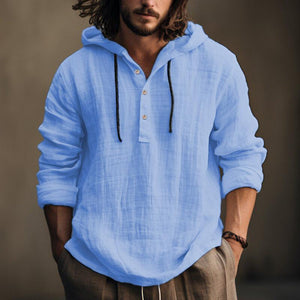 Men's Casual Solid Color Cotton Linen Hooded Long Sleeve Pullover Shirt 13517489M