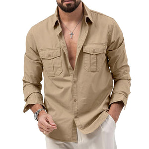 Men's Solid Lapel Breast Pocket Long Sleeve Cargo Shirt 02290668Z