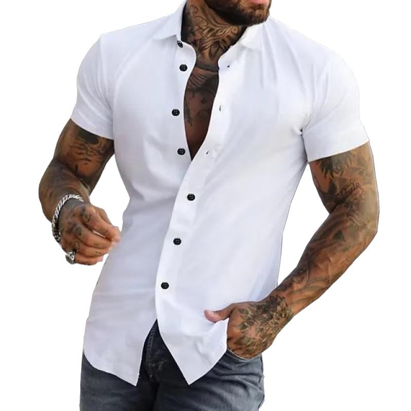 Men's Solid Lapel Short Sleeve Sports Fitness Shirt 23811118Z