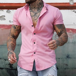 Men's Solid Lapel Short Sleeve Sports Fitness Shirt 23811118Z