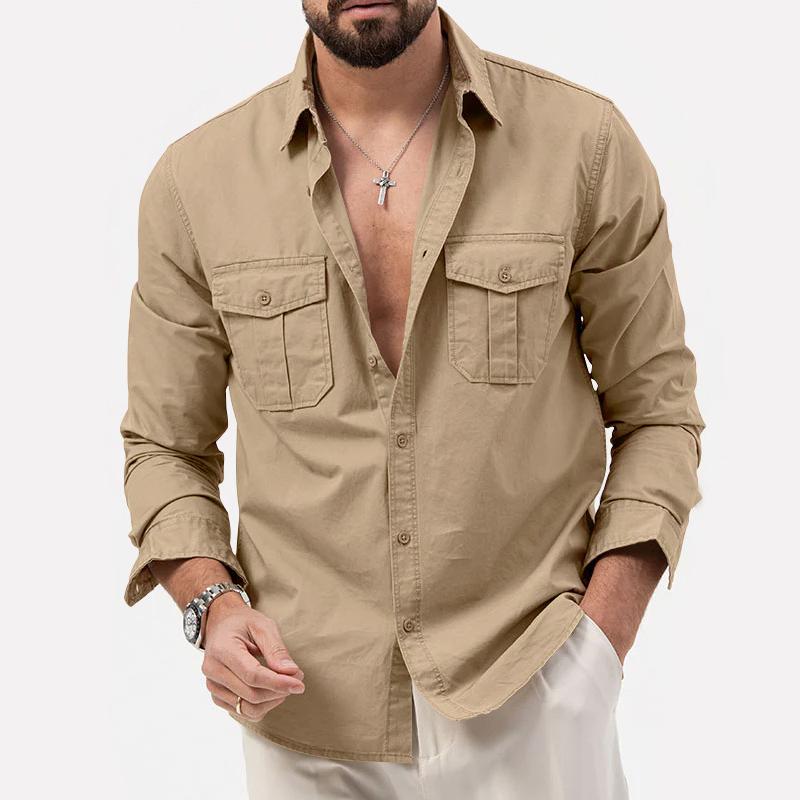 Men's Solid Lapel Breast Pocket Long Sleeve Cargo Shirt 02290668Z