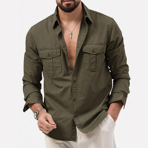 Men's Solid Lapel Breast Pocket Long Sleeve Cargo Shirt 02290668Z