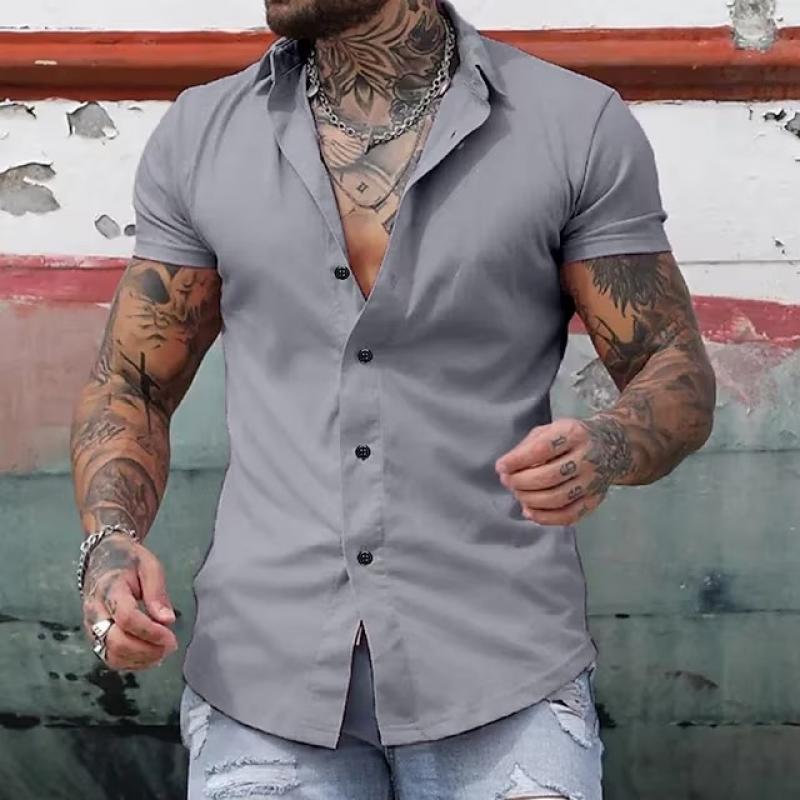 Men's Solid Lapel Short Sleeve Sports Fitness Shirt 23811118Z