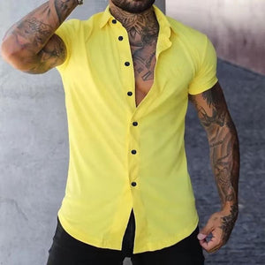 Men's Solid Lapel Short Sleeve Sports Fitness Shirt 23811118Z