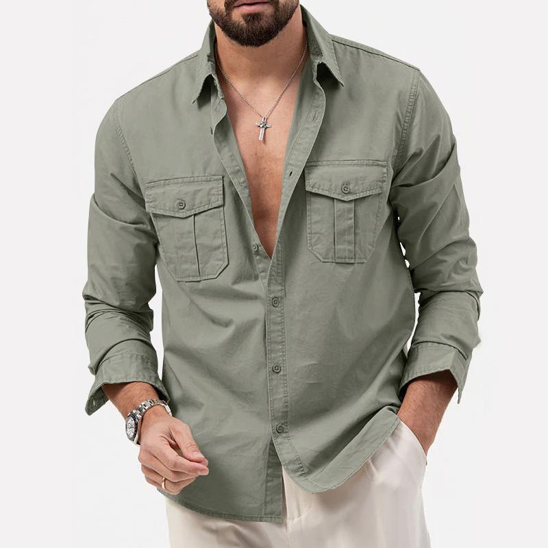 Men's Solid Lapel Breast Pocket Long Sleeve Cargo Shirt 02290668Z